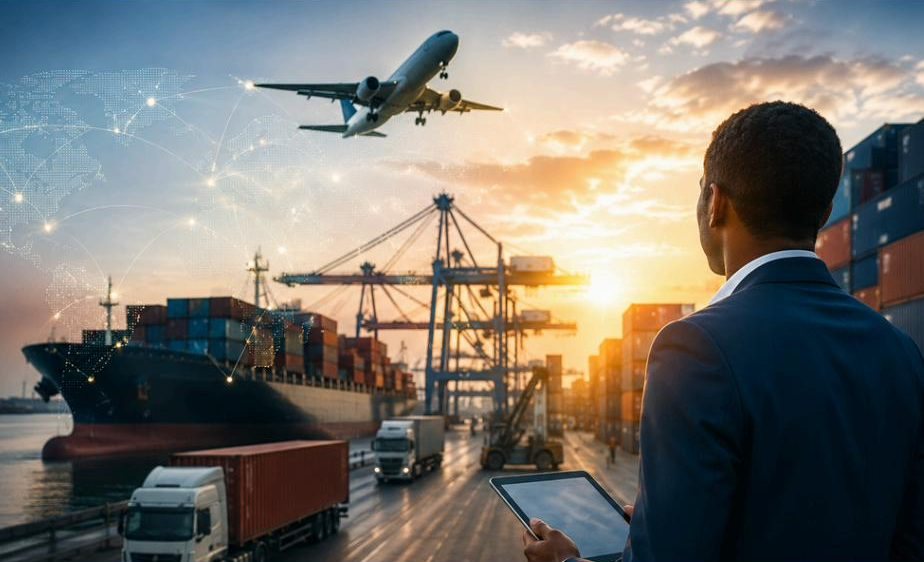 Porte-conteneurs, avion cargo et camions sur un port : la chaîne d'approvisionnement internationale